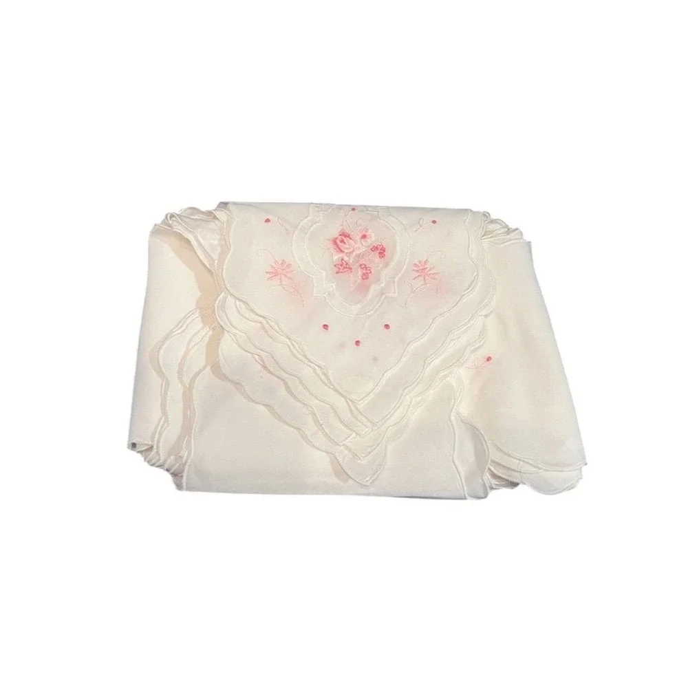 Sophisticated Thread 12pc White napkins Handkerchief‎ Set Pink Floral Embroidery